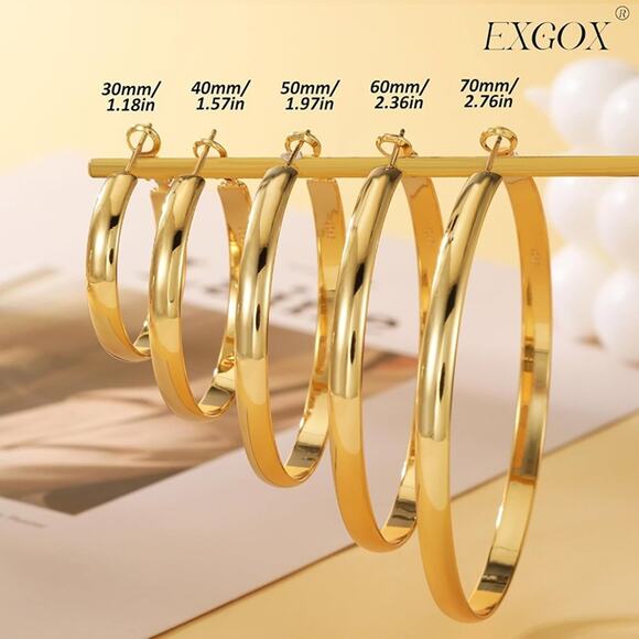 EXGOX 5mm Wide Gold Hoop Earrings for Women,Sterling Silver Hoop Earrings Large - Picture 5 of 7